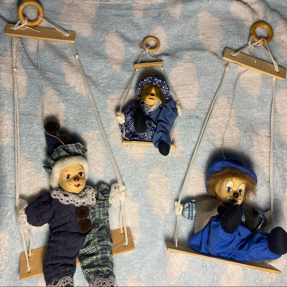 Hand made vintage Marionette Puppet Clowns on  Swings